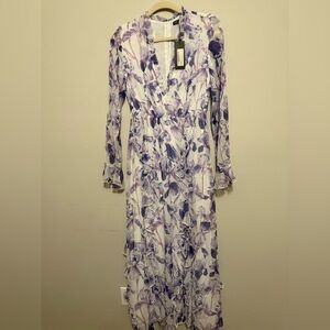 Nasty Gal Purple and White Floral Long Sleeve Dress size 6, ruffles